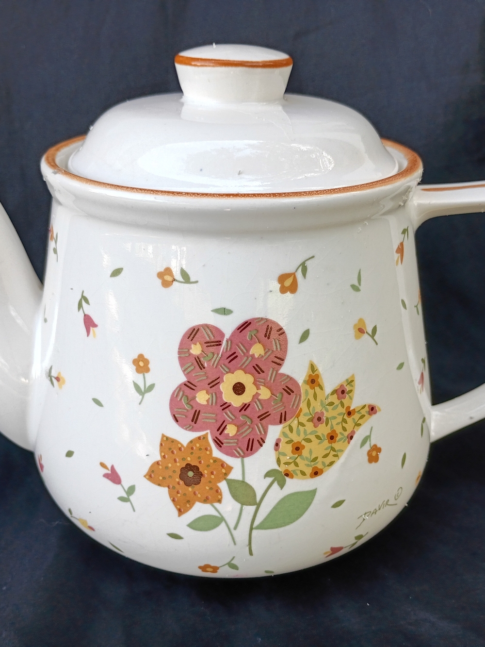 Vtg Mid Century Davir Ceramic Teapot White w Patchwork Flowers Japan